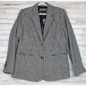 Chadwicks Womens Houndstooth Blazer Size 12 Black White Wool Blend Jacket Office